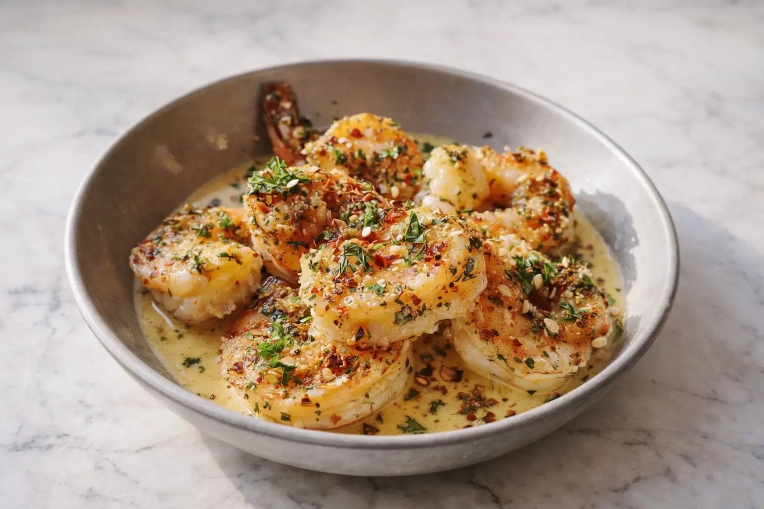 Marry Me Shrimps in creamy garlic Parmesan sauce served in a skillet on white marble surface
