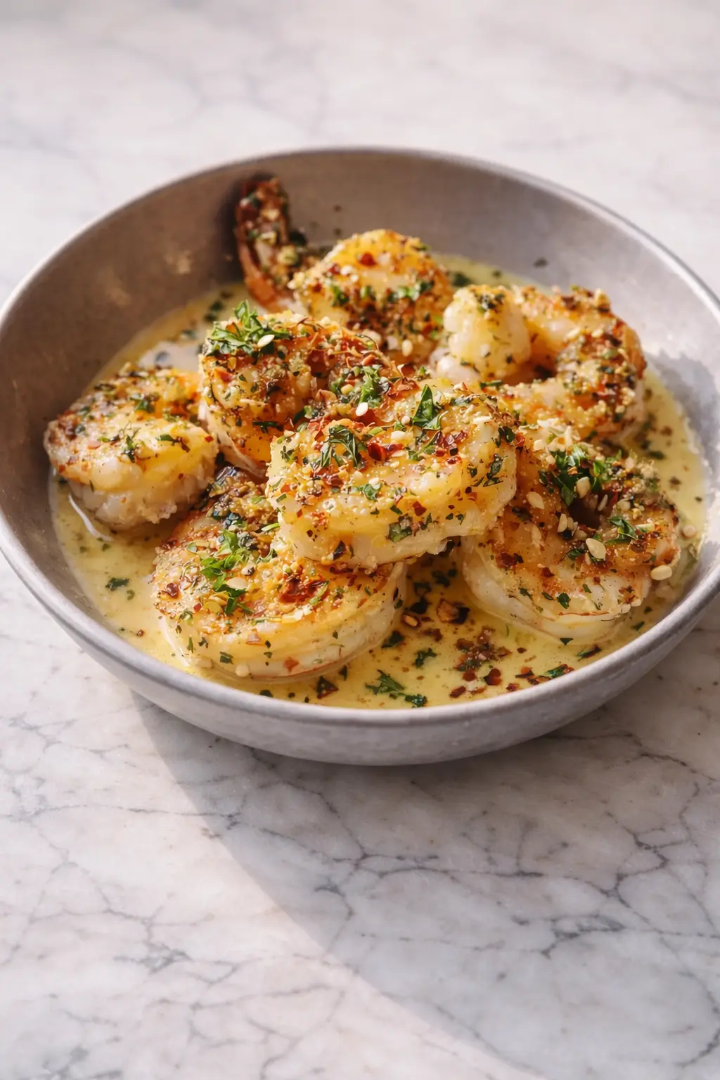 Vertical photo of Marry Me Shrimps in creamy garlic Parmesan sauce served in a skillet on white marble