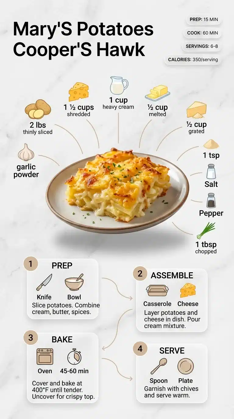 Ultra clean modern infographic for Mary'S Potatoes Cooper'S Hawk recipe, featuring plated dish, ingredients, and step-by-step prep.