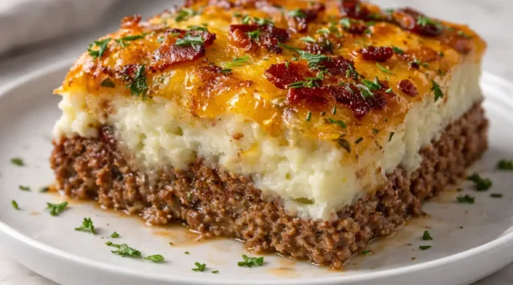 Meatloaf with mashed potatoes and cheese baked in layers with melted cheddar on top