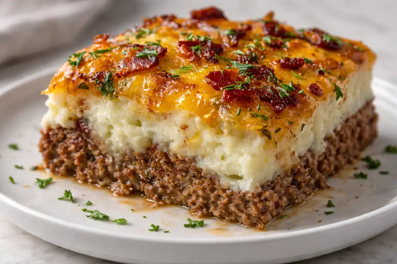 Meatloaf with mashed potatoes and cheese baked in layers with melted cheddar on top