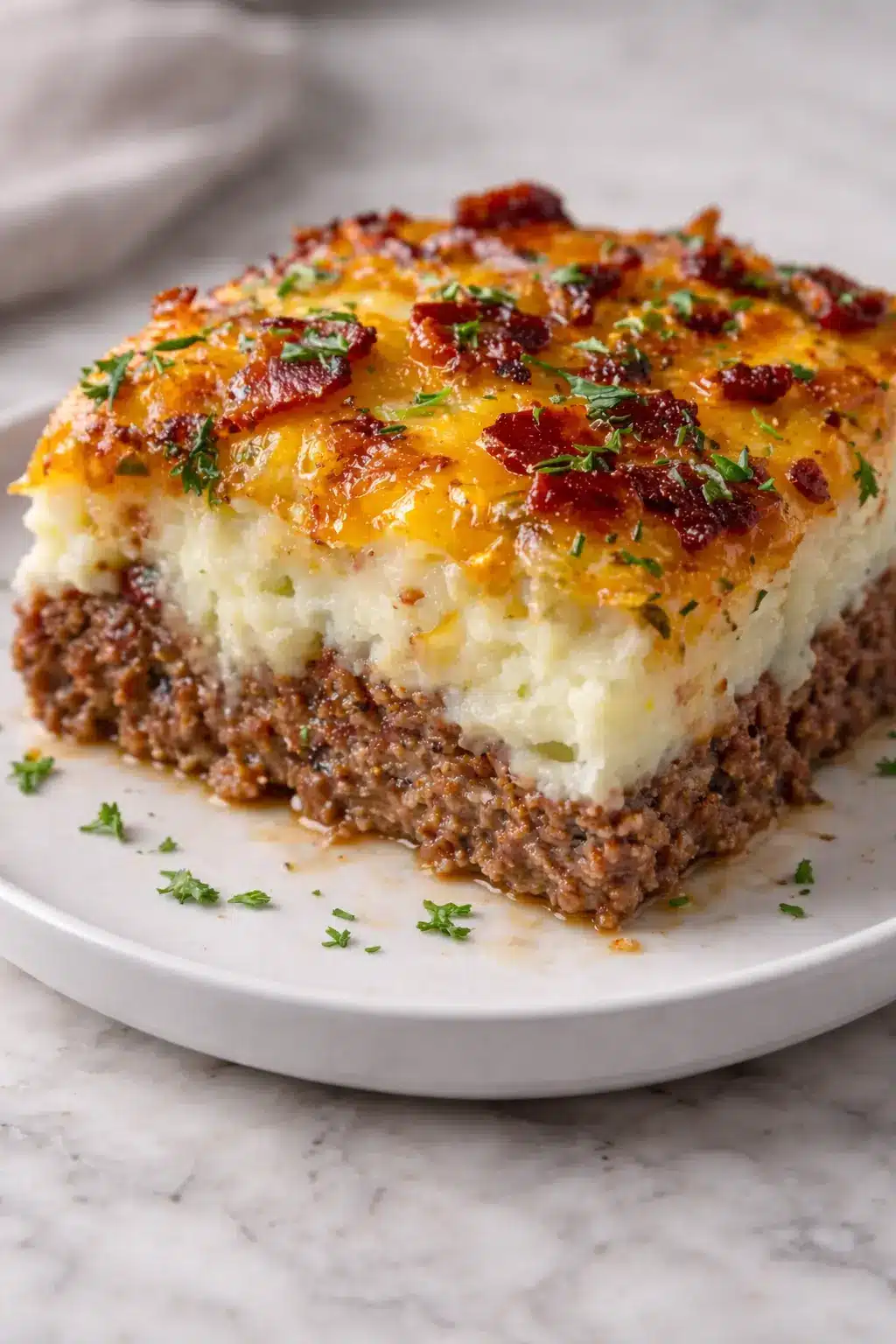 Meatloaf with Mashed Potatoes and Cheese baked in layers with melted cheddar on top