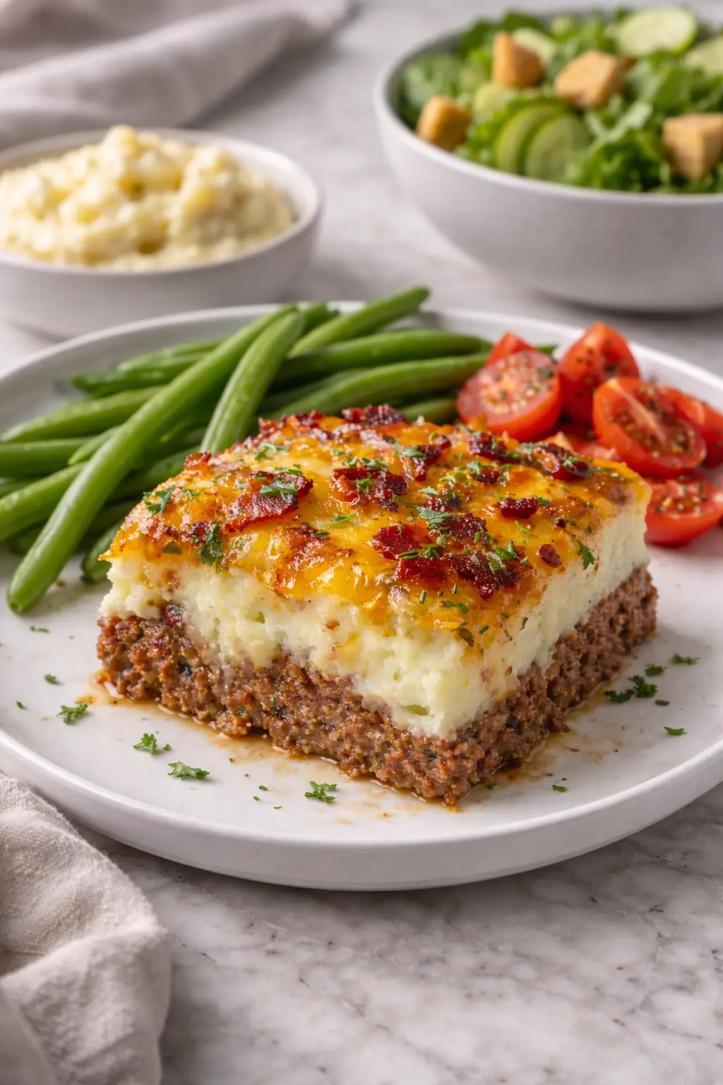 Meatloaf with mashed potatoes and cheese served with green beans and tomatoes on a white plate