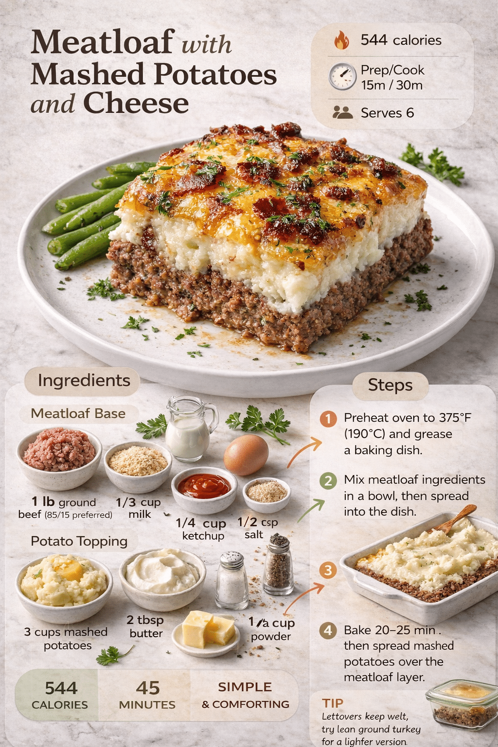 Meatloaf with mashed potatoes and cheese recipe infographic showing ingredients, steps, and a baked layered meatloaf dish