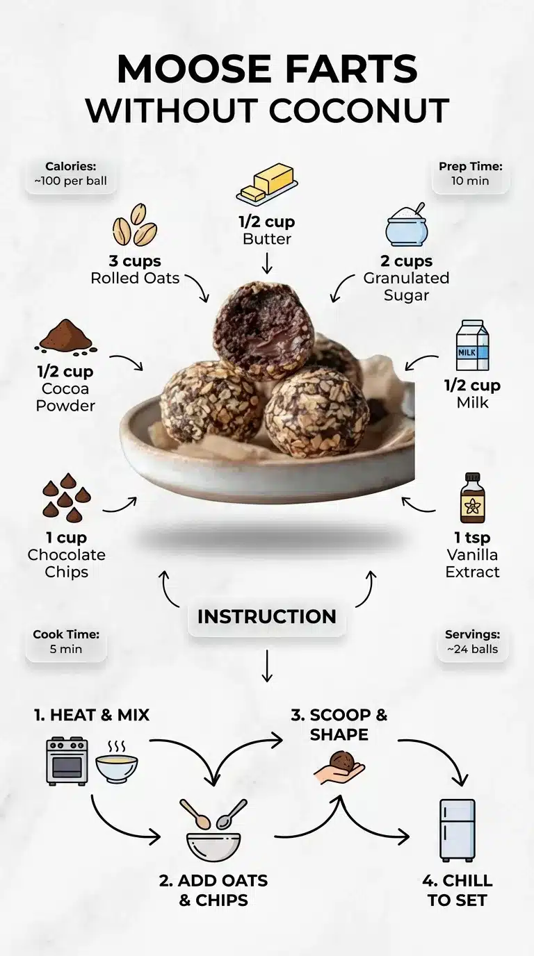 Modern recipe infographic for Moose Farts Without Coconut cookies, featuring plated cookies, ingredients, and step-by-step instructions. No coconut.