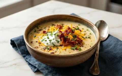 Newks Loaded Potato Soup Recipe, a photorealistic image showing a freshly cooked bowl naturally plated on white marble, ready to enjoy.