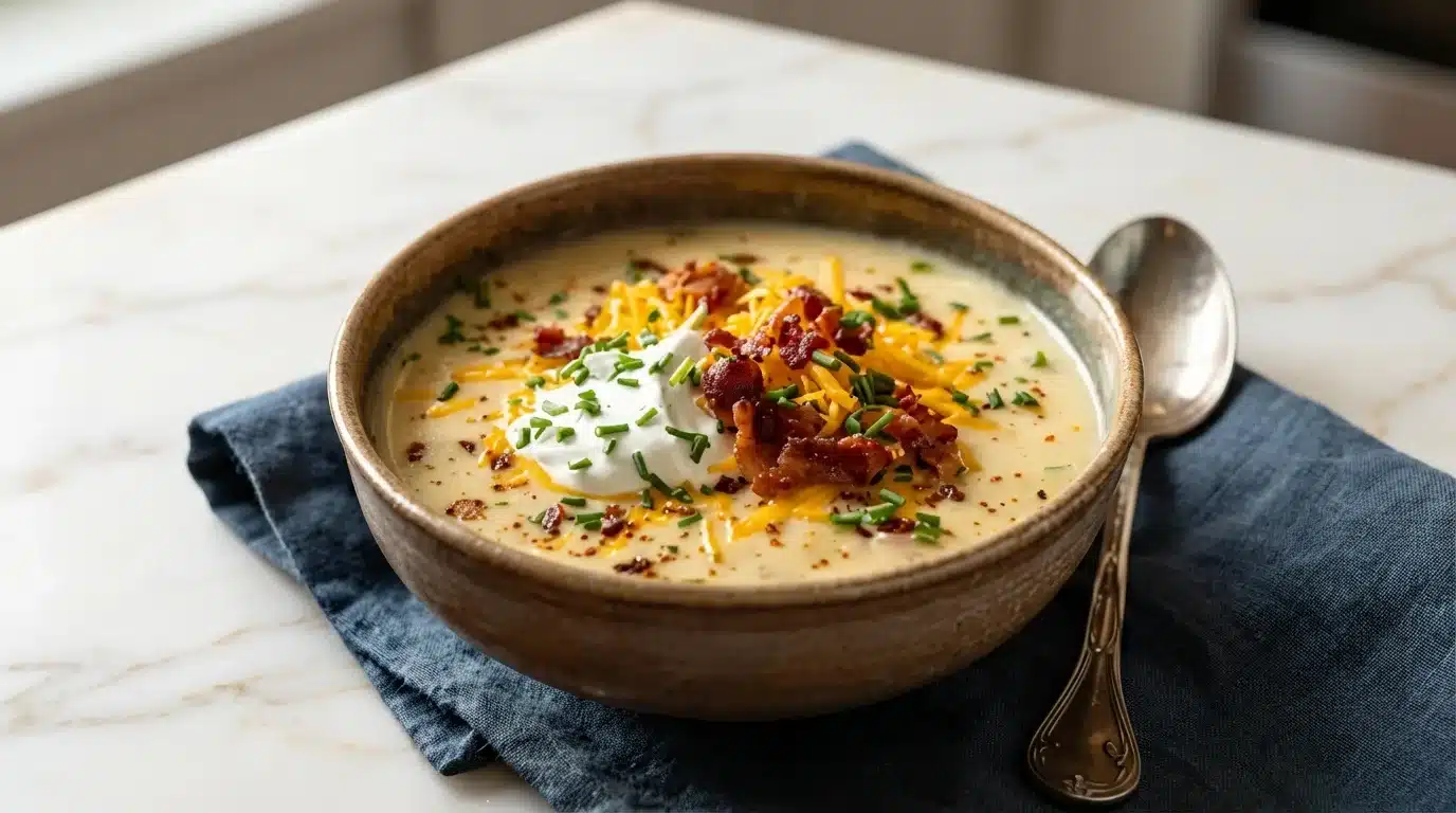 Newks Loaded Potato Soup Recipe, a photorealistic image showing a freshly cooked bowl naturally plated on white marble, ready to enjoy.