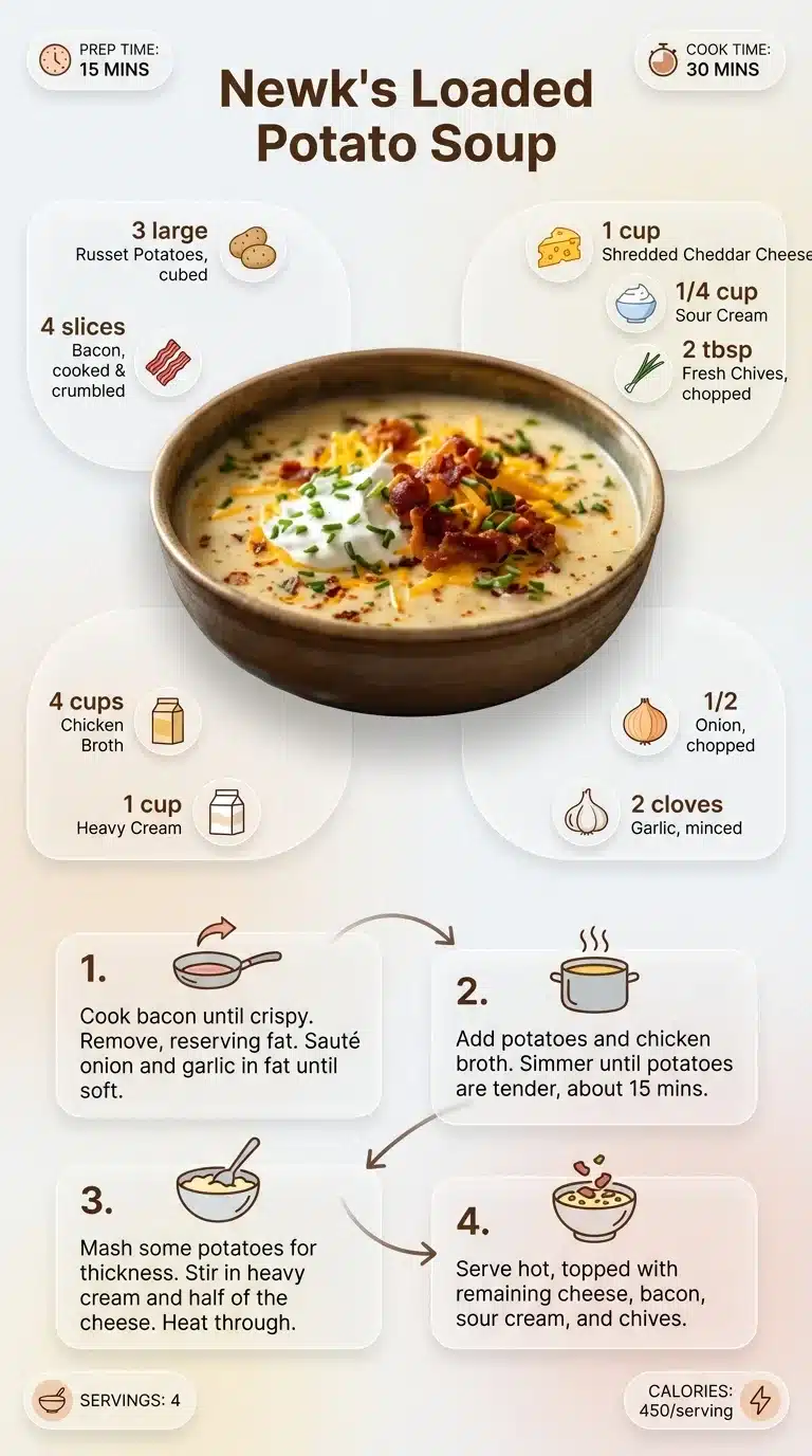 Newks Loaded Potato Soup Recipe infographic with finished soup, ingredients, and step-by-step guide on a 9:16 vertical layout.