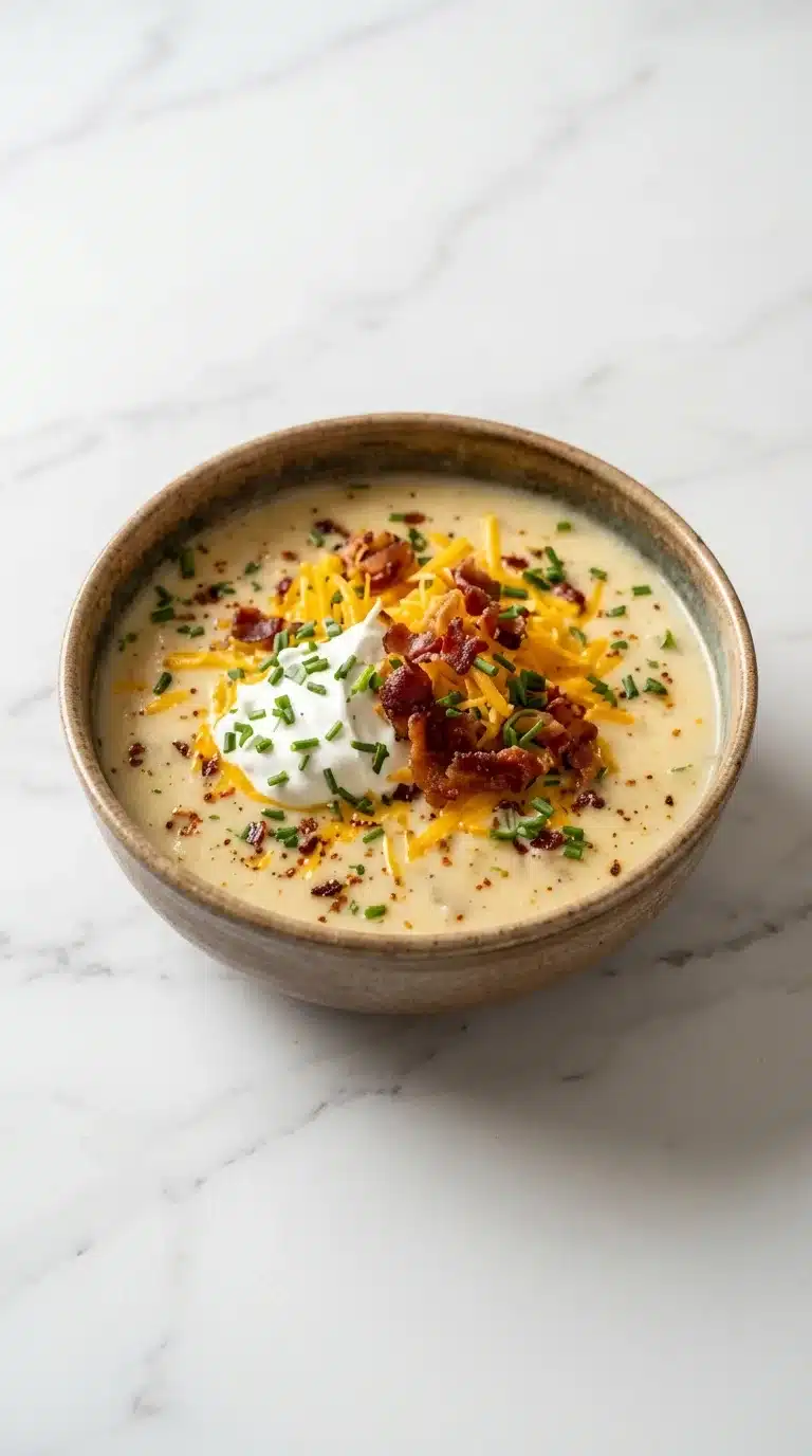 Newks Loaded Potato Soup Recipe, photorealistic, ready to serve in a bowl on white marble. Natural side daylight, home kitchen feel.