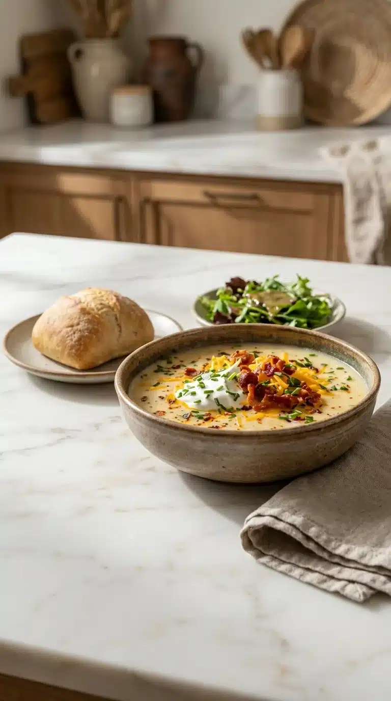 Photorealistic image of Newks Loaded Potato Soup Recipe, freshly prepared and served as part of a cozy everyday meal.