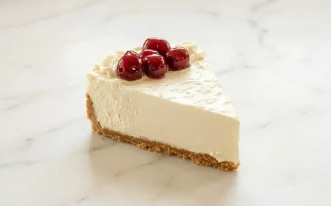 Photorealistic No-Bake Cheesecake, ready to serve, on white marble. Perfect for a quick, delicious dessert.