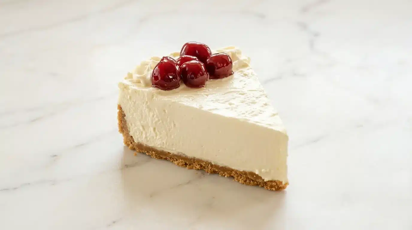No Bake Cheesecake Photorealistic No-Bake Cheesecake, ready to serve, on white marble. Perfect for a quick, delicious dessert.