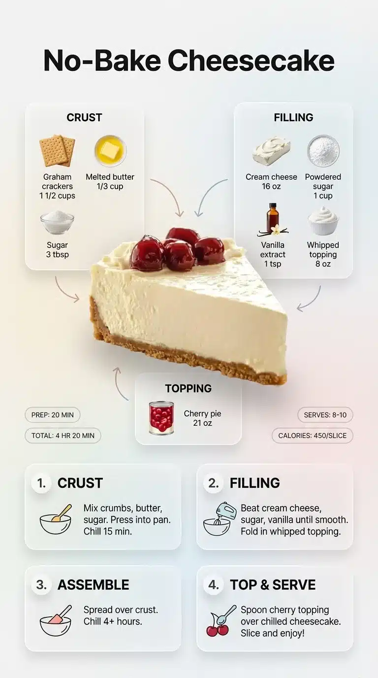 No Bake Cheesecake Modern infographic for No-Bake Cheesecake Recipe with finished dessert, ingredients, and step-by-step instructions.