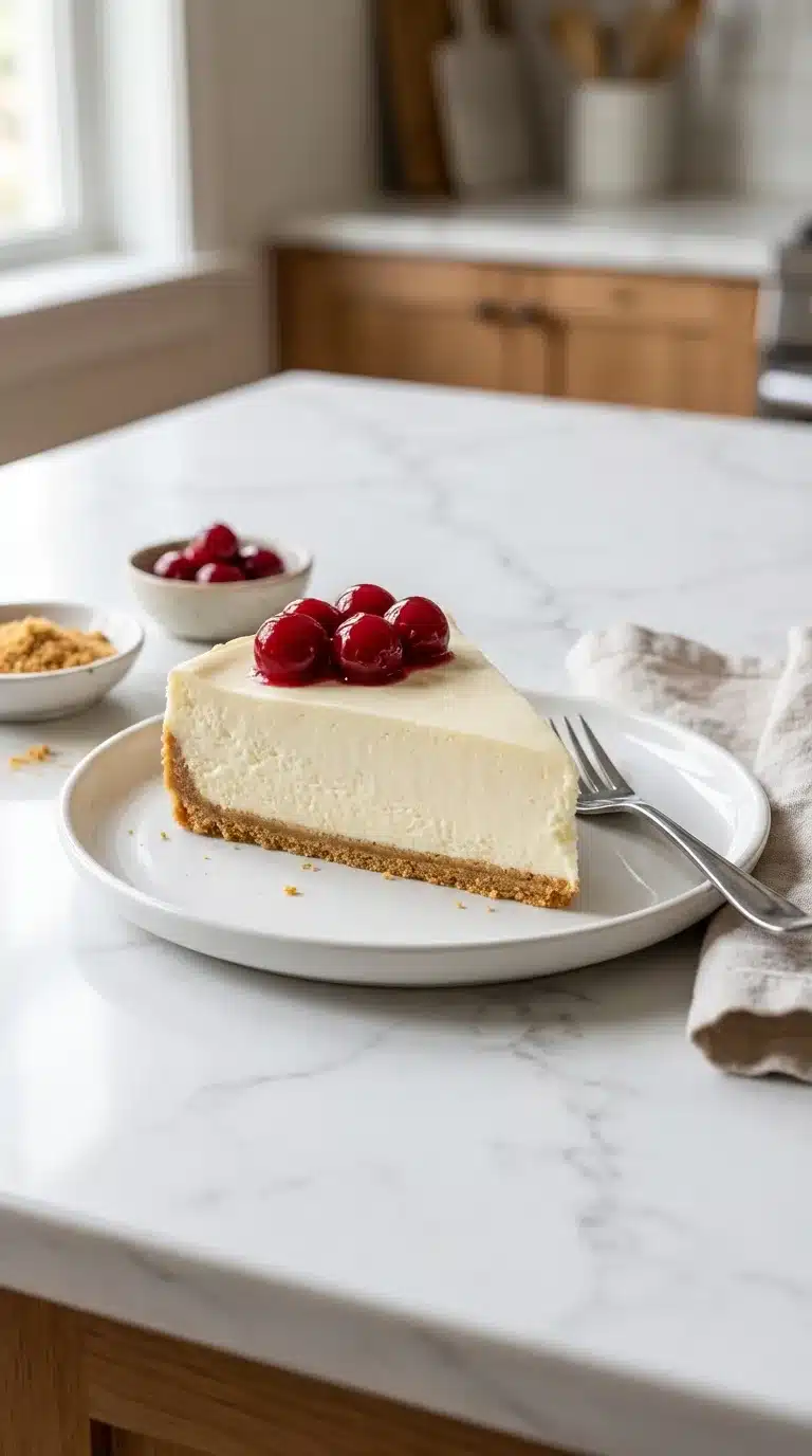 No Bake Cheesecake Photorealistic No-Bake Cheesecake Recipe, perfectly portioned and served in a real home kitchen, natural daylight, ready to eat.