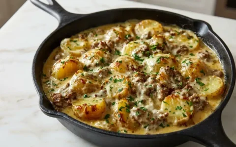 Photorealistic food photography of One-Pan Creamy Meat, finished, ready to serve, naturally plated, freshly cooked, on white marble.