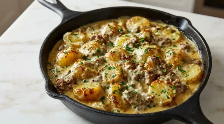 Photorealistic food photography of One-Pan Creamy Meat, finished, ready to serve, naturally plated, freshly cooked, on white marble.