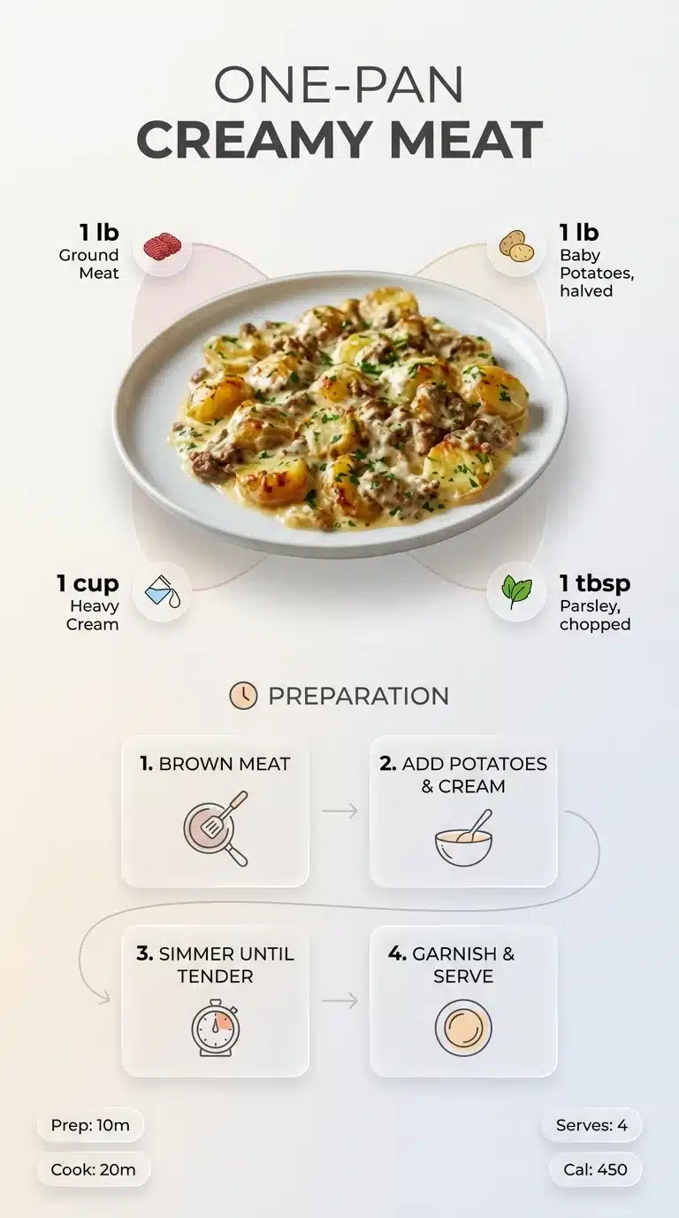 Modern infographic for One-Pan Creamy Meat. Features plated dish, ingredient icons, and numbered cooking steps on a 9:16 vertical layout.