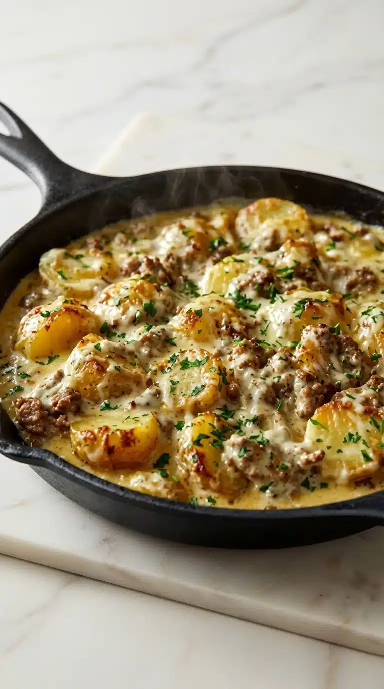 Photorealistic food photography of a naturally plated, freshly cooked One-Pan Creamy Meat dish on white marble.