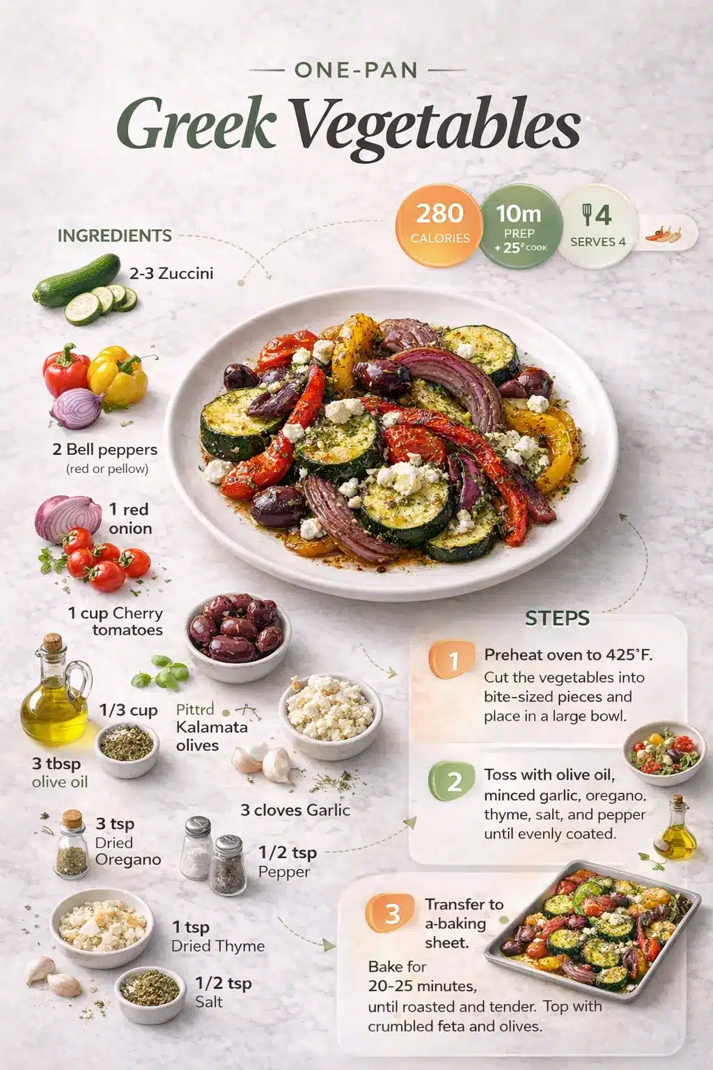 Infographic for One-Pan Greek Vegetables recipe: zucchini, peppers, onions, tomatoes, olives, feta; 280 cal, 4 servings, ingredients list, steps, nutrition facts
