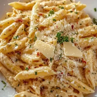 Delicious one pot creamy garlic pasta garnished with herbs.