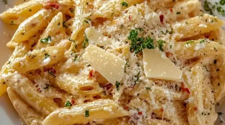 Delicious one pot creamy garlic pasta garnished with herbs.