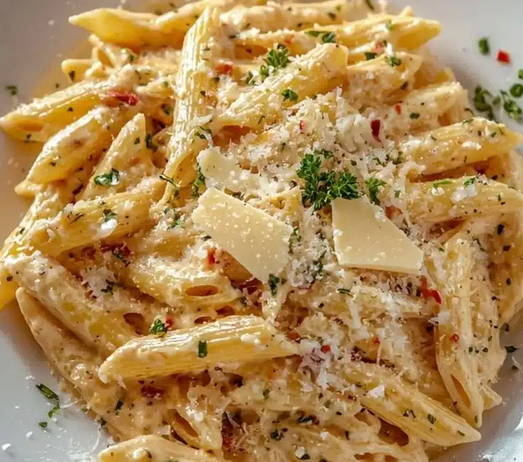 Delicious one pot creamy garlic pasta garnished with herbs.