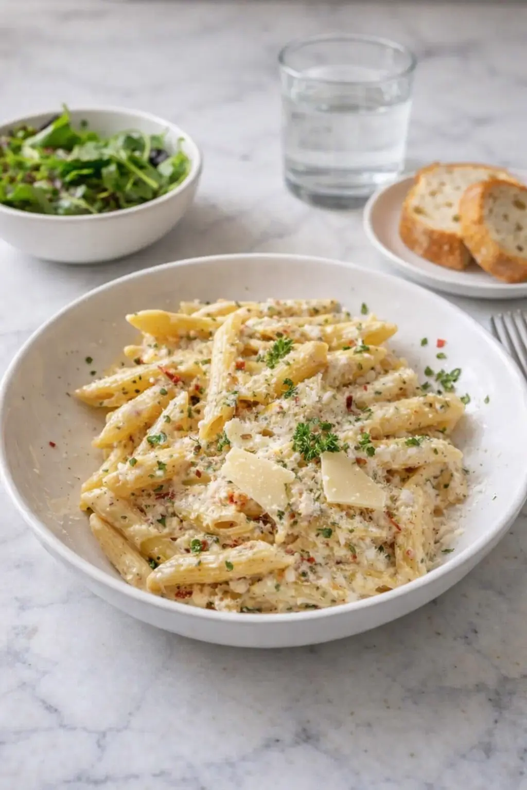 One pot creamy garlic pasta served in a white bowl with parmesan cheese, fresh herbs, and simple side dishes on a marble table