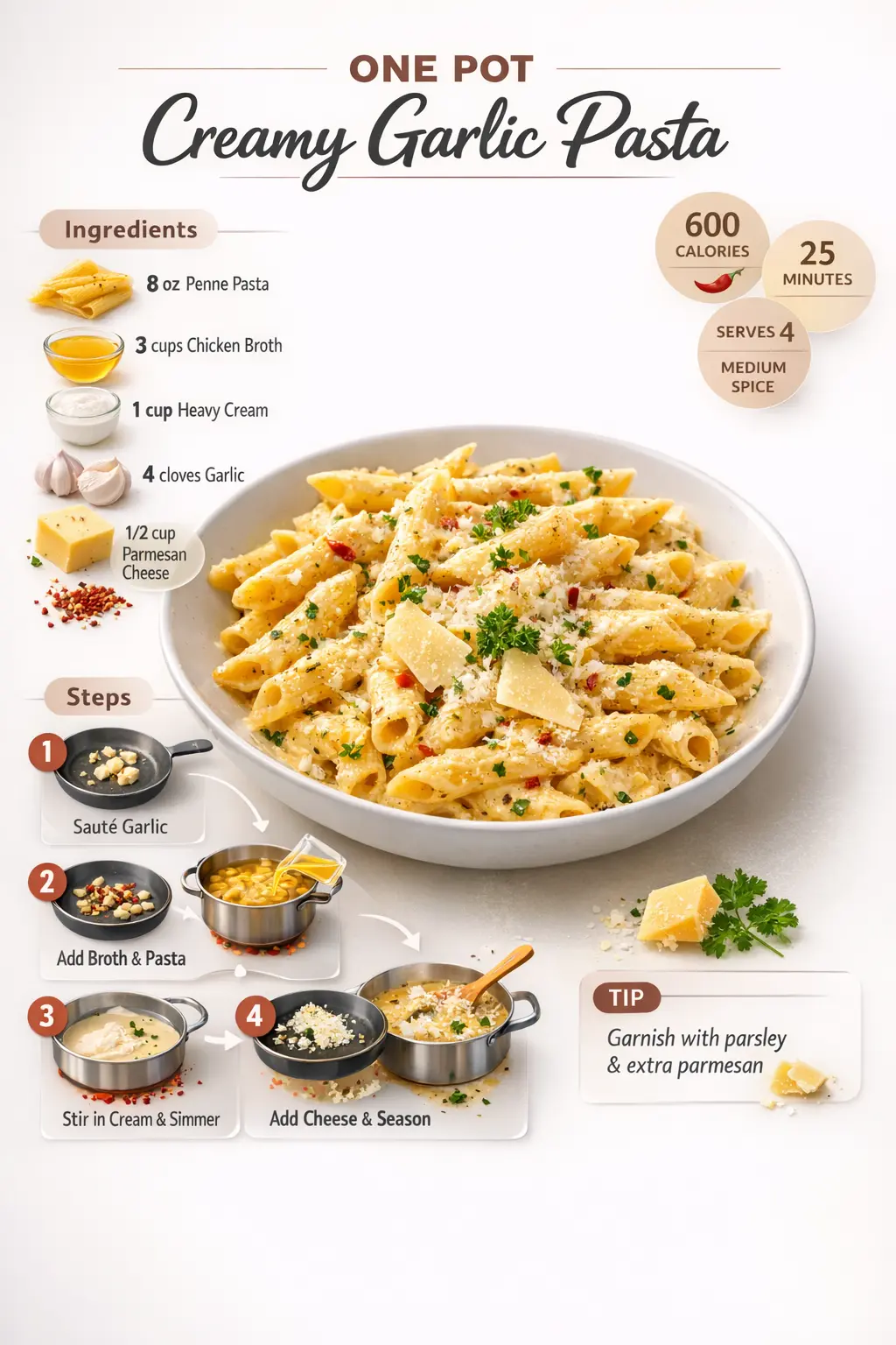 One pot creamy garlic pasta infographic recipe with step-by-step cooking instructions and ingredients