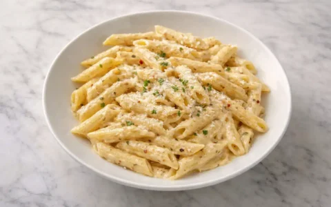 One pot creamy garlic pasta served on a white plate with a rich, smooth sauce and grated cheese, photographed in natural daylight on a marble surface.