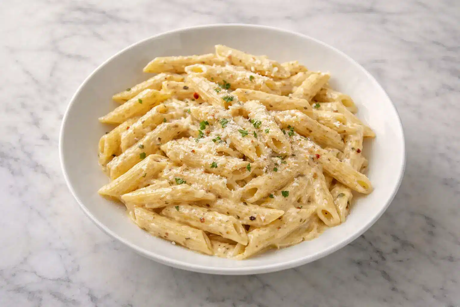 One pot creamy garlic pasta served on a white plate with a rich, smooth sauce and grated cheese, photographed in natural daylight on a marble surface.