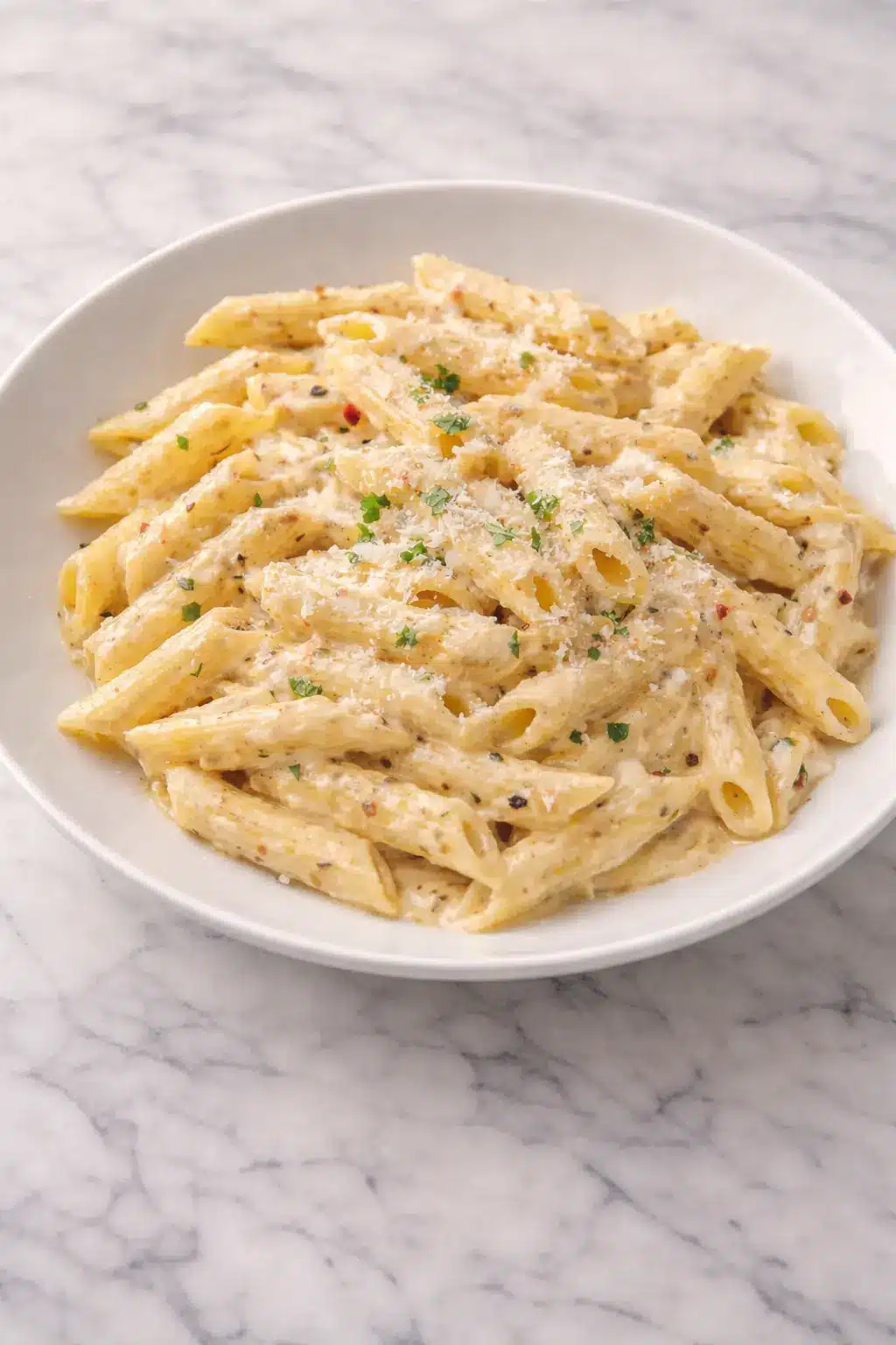 One pot creamy garlic pasta served in a white bowl with a rich garlic cream sauce, photographed vertically on a light marble background.