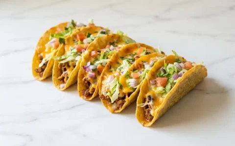 A naturally plated, freshly cooked serving of golden brown Oven-Baked Cheesy Tacos on white marble, captured with soft natural light.