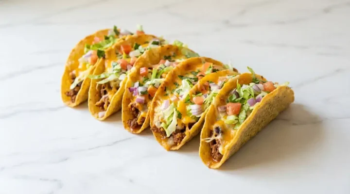 A naturally plated, freshly cooked serving of golden brown Oven-Baked Cheesy Tacos on white marble, captured with soft natural light.