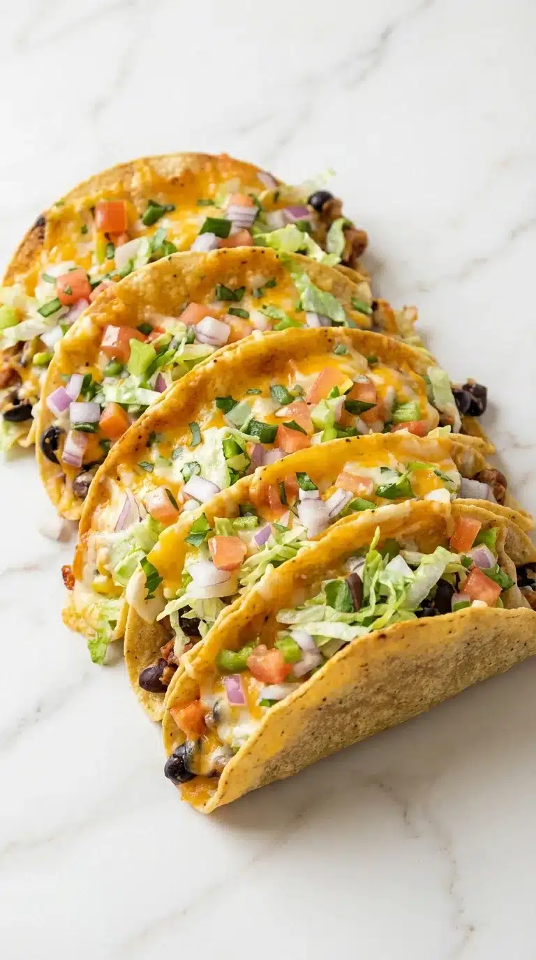 Photorealistic Oven-Baked Cheesy Tacos, finished and ready to serve, naturally plated on warm white marble with subtle gray veins.