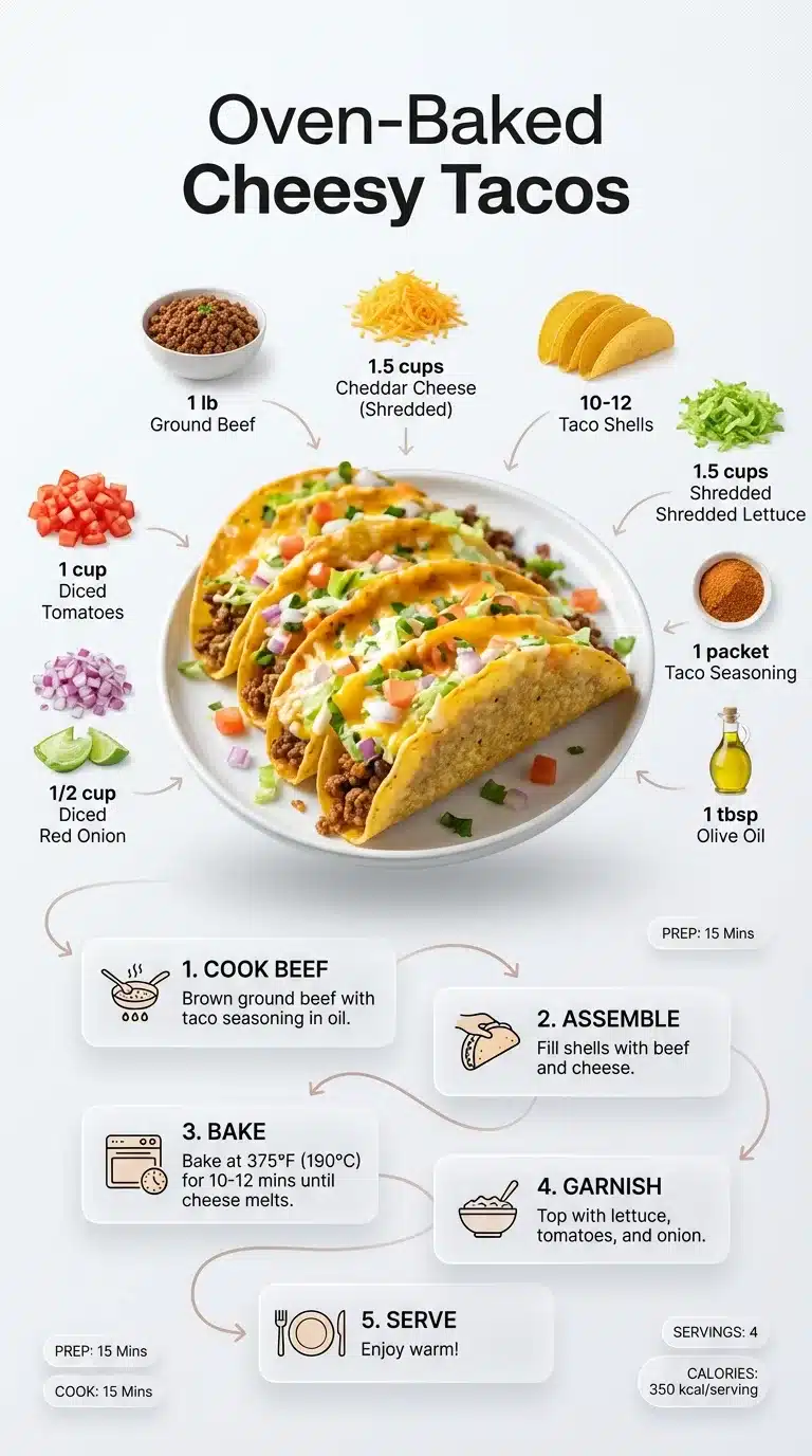 Oven-Baked Cheesy Tacos recipe infographic with finished tacos, ingredients, and step-by-step preparation for easy cooking.