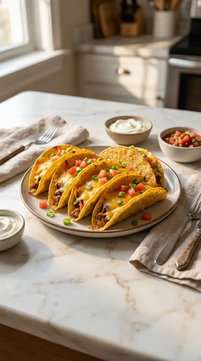 Photorealistic vertical shot of oven-baked cheesy tacos, golden brown and bubbling, served on white marble in natural daylight.