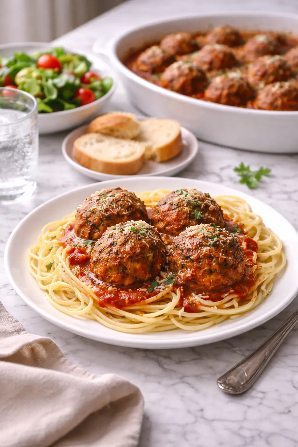 Oven-baked Italian meatballs served with spaghetti, salad, and bread on marble table