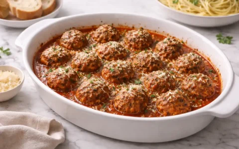 Oven-baked Italian meatballs in tomato sauce served in white baking dish