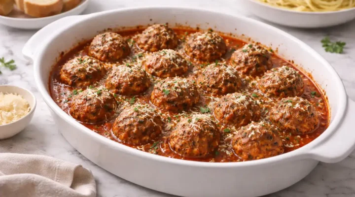 Oven-baked Italian meatballs in tomato sauce served in white baking dish
