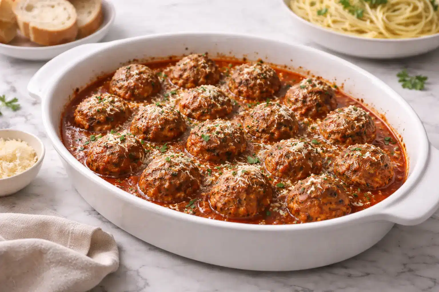 Oven-baked Italian meatballs in tomato sauce served in white baking dish