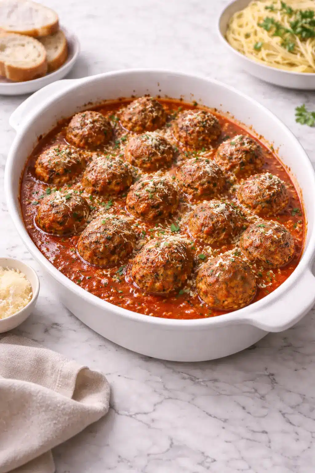 Vertical image of oven-baked Italian meatballs in tomato sauce in white baking dish