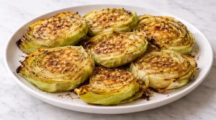 Oven-roasted garlic cabbage steaks with golden edges served on a white plate