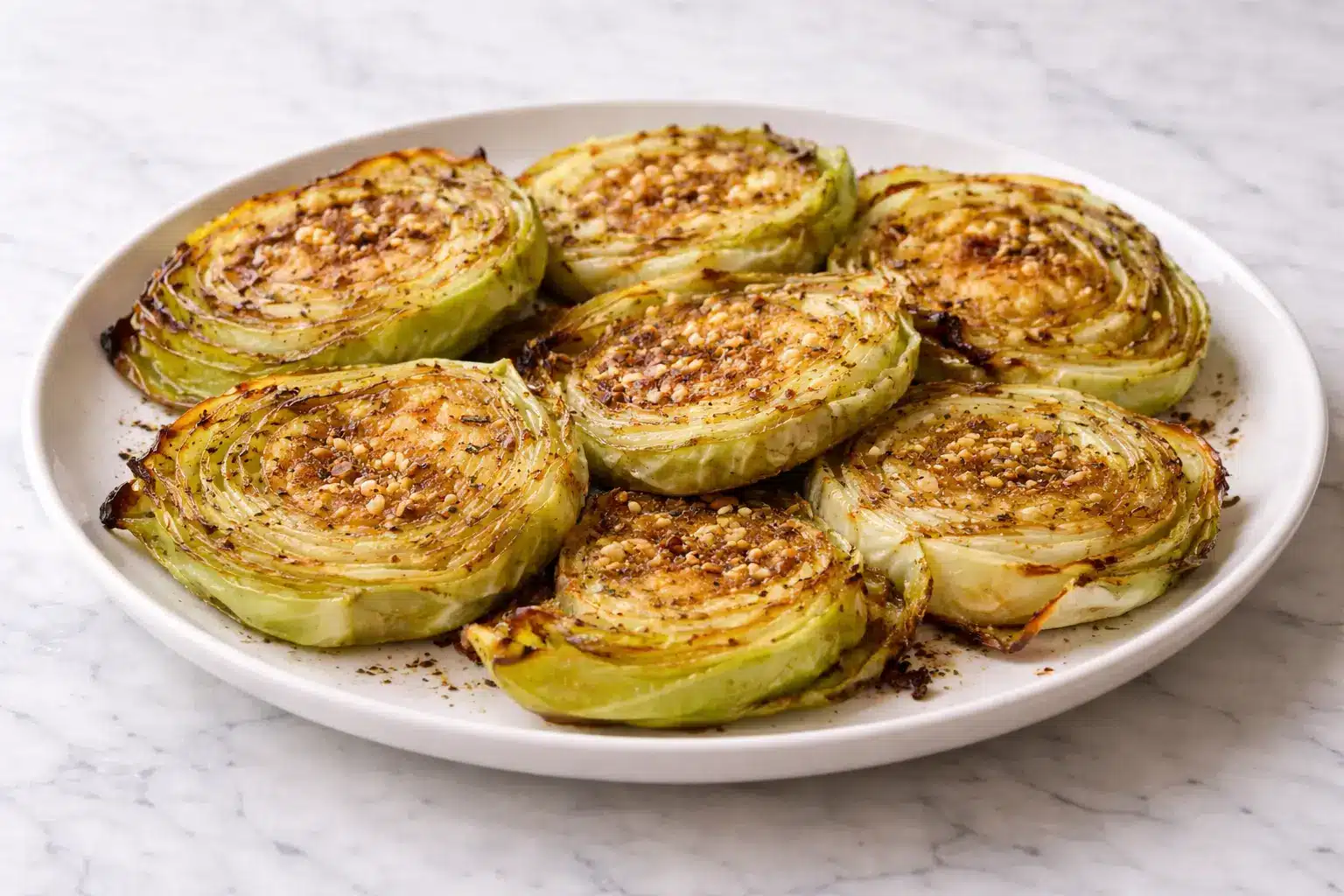 Oven-roasted garlic cabbage steaks with golden edges served on a white plate