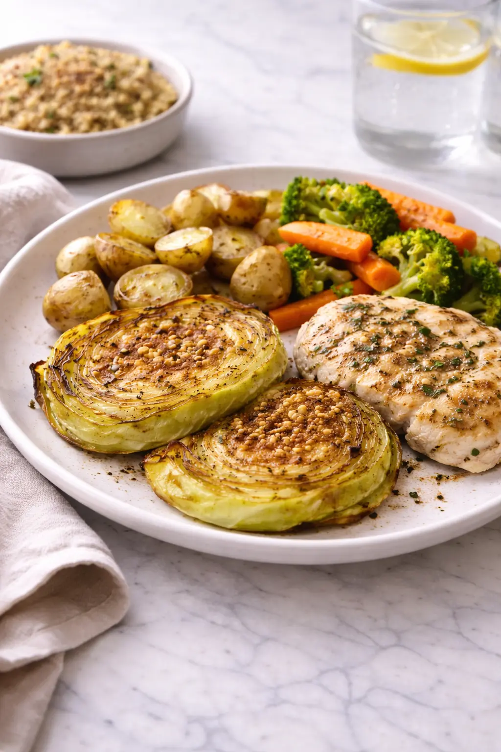 Oven Roasted Garlic Cabbage Steaks Oven-roasted garlic cabbage steaks served with simple sides as a home-cooked meal