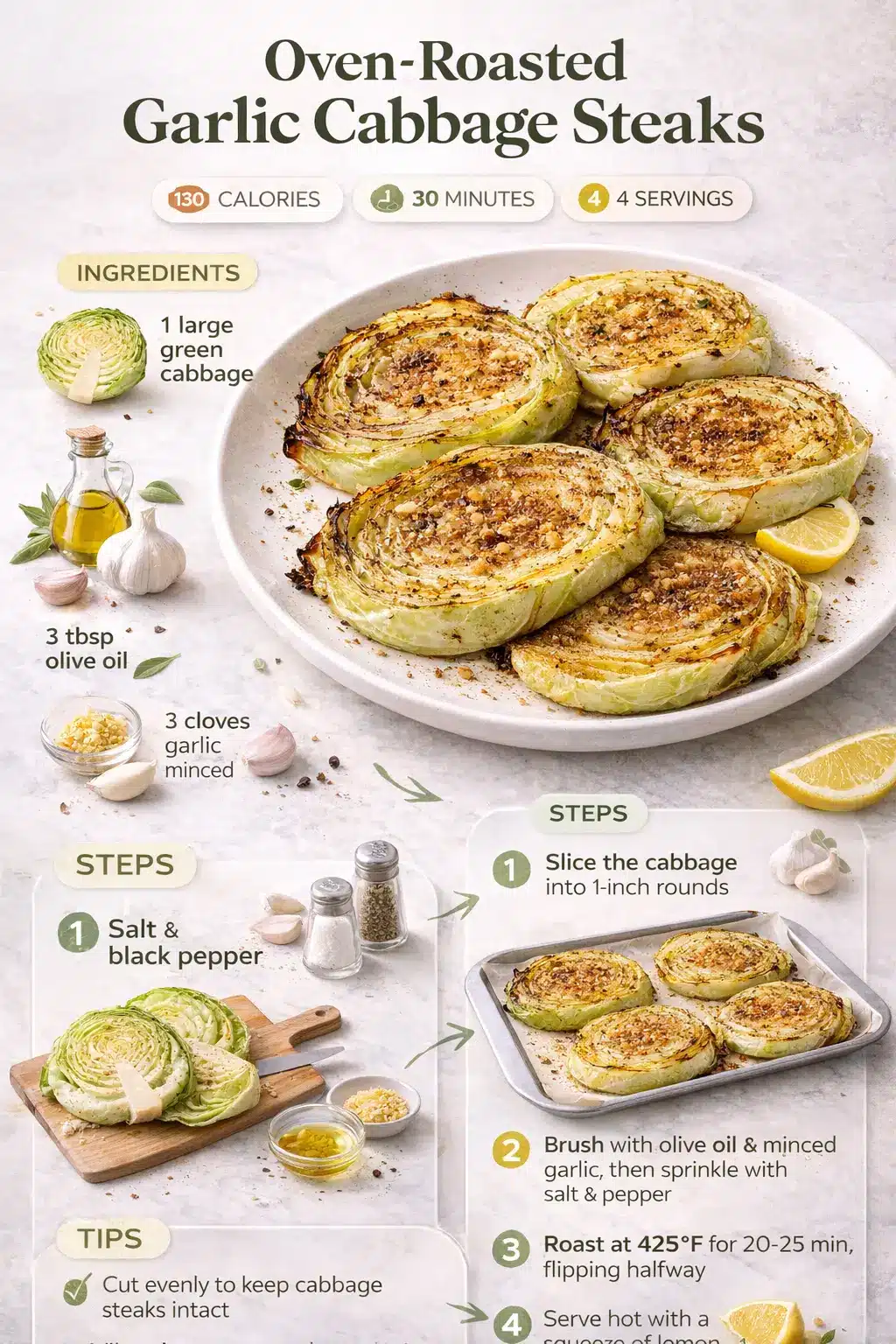 Oven Roasted Garlic Cabbage Steaks Recipe infographic showing oven-roasted garlic cabbage steaks with ingredients and steps