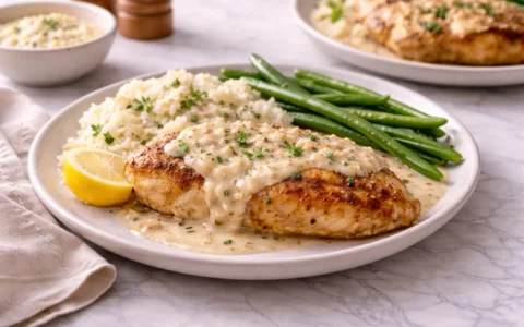 parmesan-crusted-chicken-with-creamy-garlic-sauce-easy-family-dinner-recipe served with rice and green beans on white marble surface