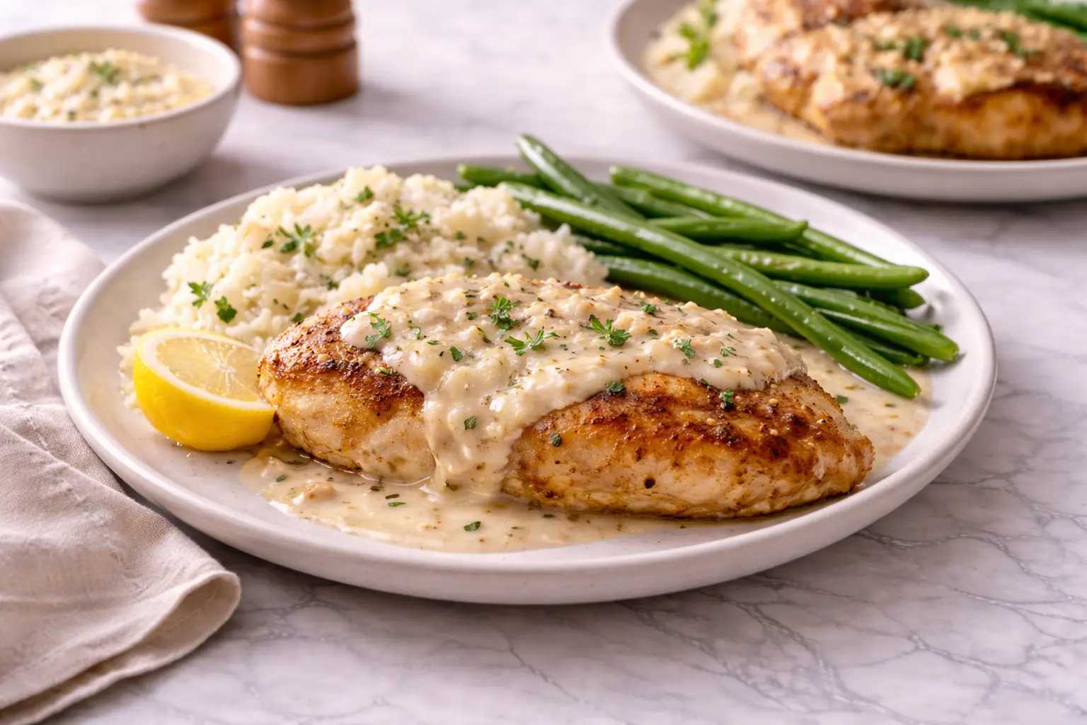 parmesan-crusted-chicken-with-creamy-garlic-sauce-easy-family-dinner-recipe served with rice and green beans on white marble surface