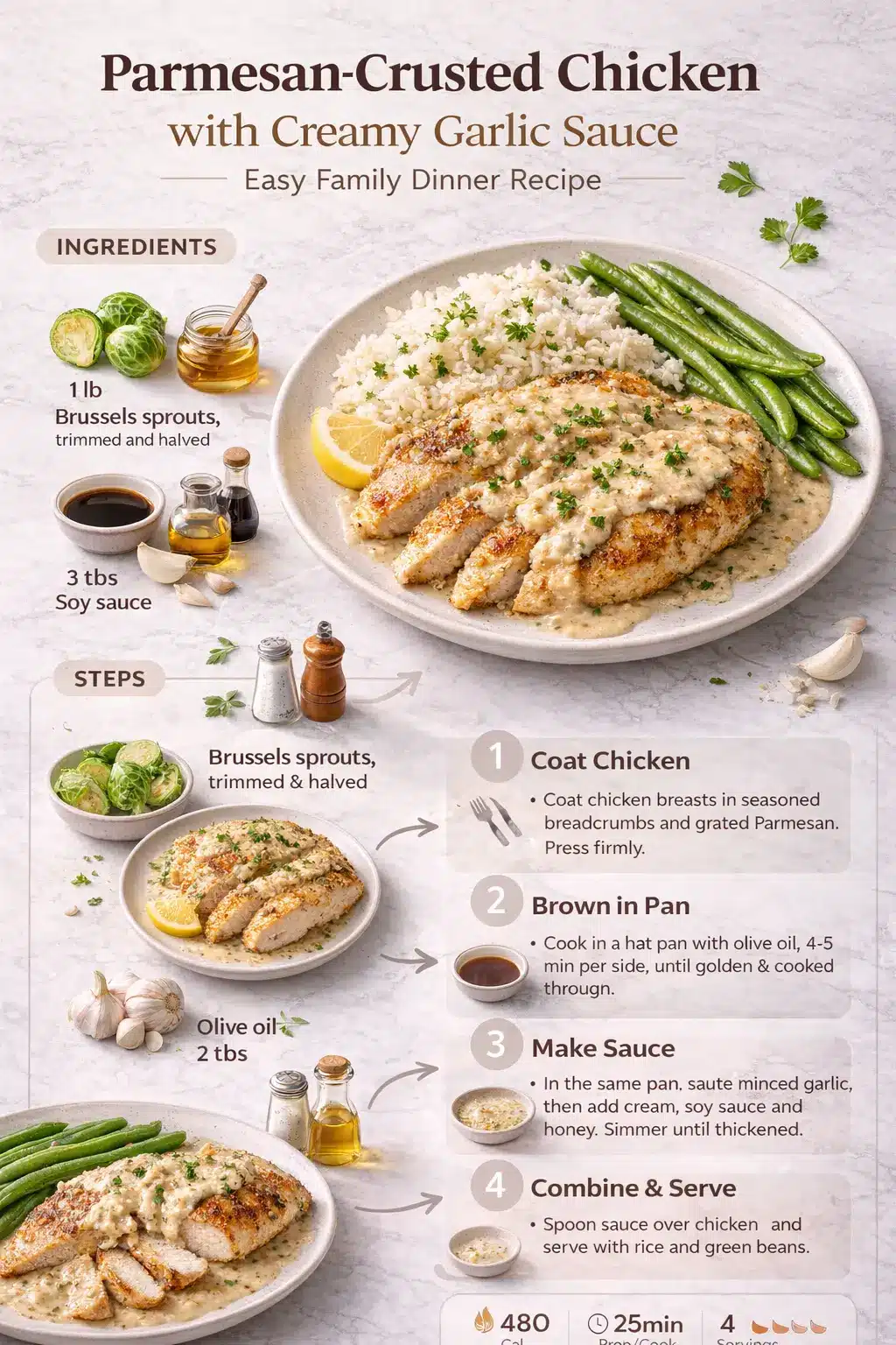 parmesan-crusted-chicken-with-creamy-garlic-sauce-easy-family-dinner-recipe infographic with ingredients and step by step cooking instructions