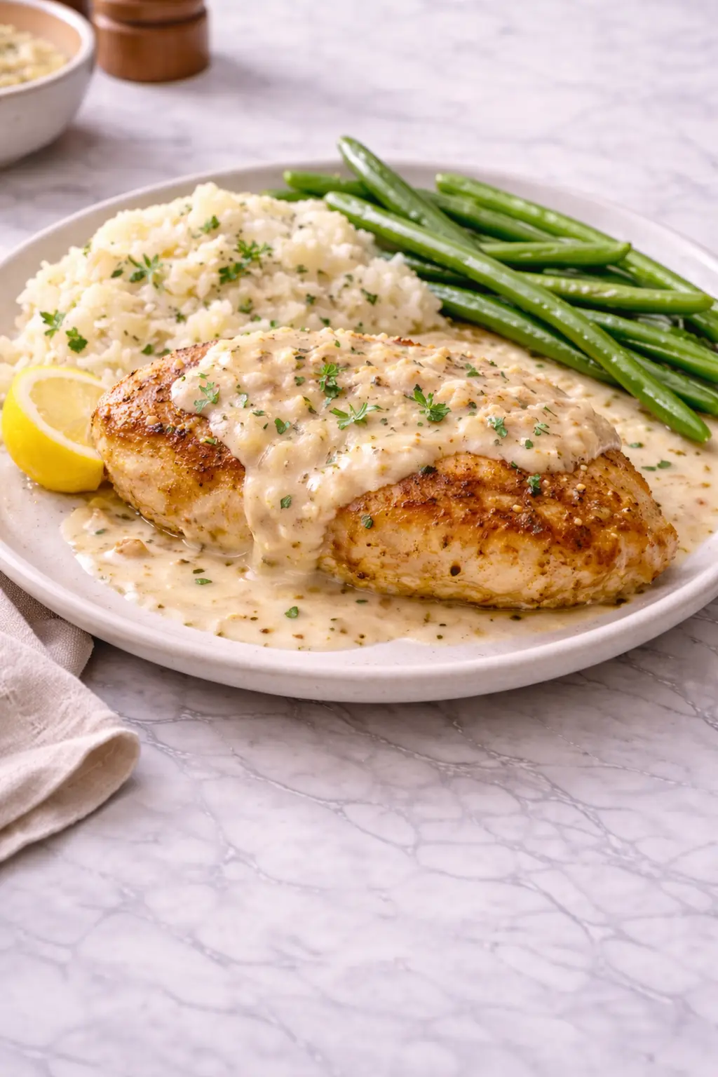 parmesan-crusted-chicken-with-creamy-garlic-sauce-easy-family-dinner-recipe served with rice and green beans on white marble background