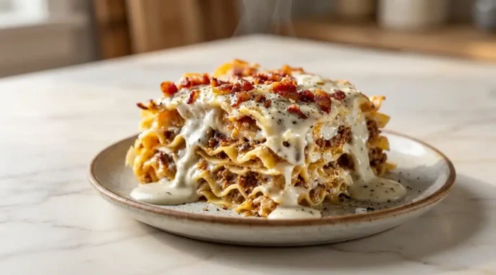 Photorealistic parmesan garlic bacon cheeseburger lasagna, freshly cooked and ready to serve, plated naturally.